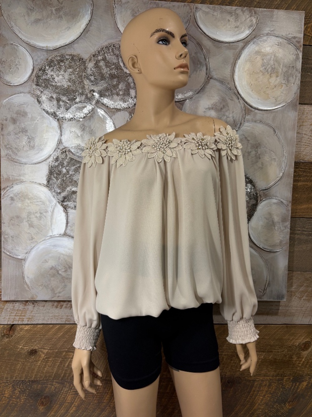 Joseph Ribkoff Cream Off-Shoulder Blouse | Floral Appliqué Rhinestone Detail | L